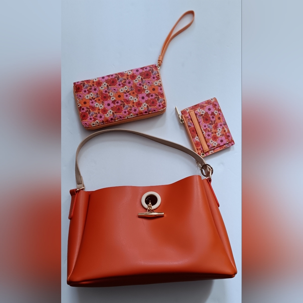 Orange Handbag with Floral Wallet Set